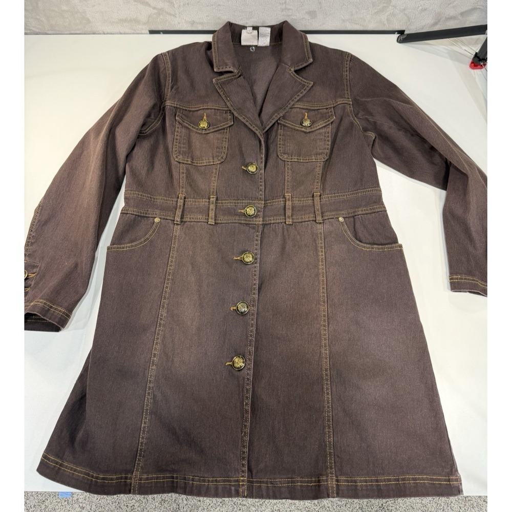 Y2K DG2 Diane Gilman Women's Stretch Denim Longline Car Coat Chocolate
